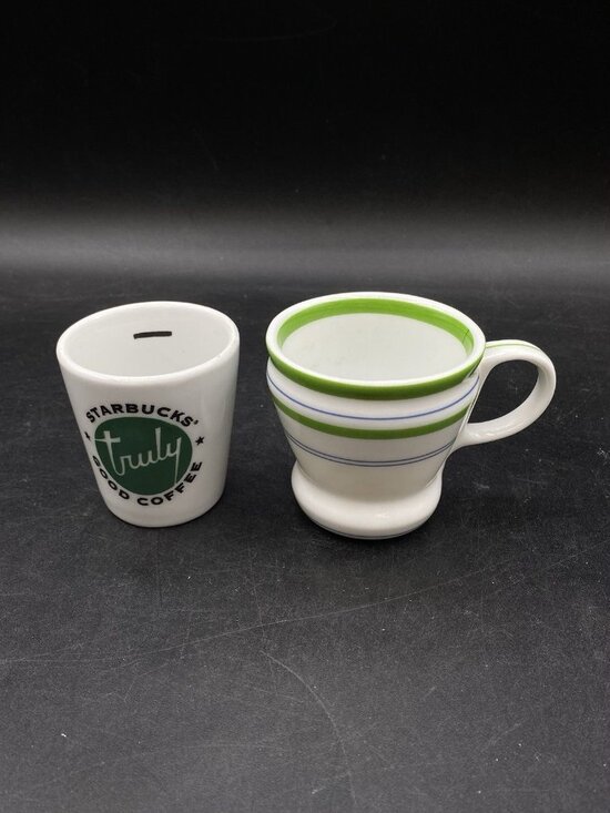 Starbucks Other - LOT 2 Starbucks Truly Good Coffee Espresso Cup Ceramic & Green Blue Stripes Cup